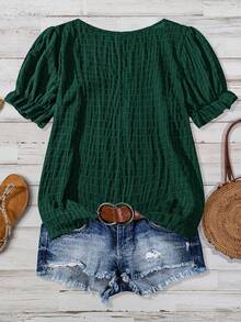 SHEIN VCAY Plus Size Summer Casual Solid Color Textured Puff Sleeve Shirt - Dark Green - View 2