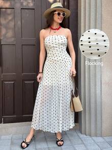 SHEIN Clasi 女士长款波点连衣裙，优雅度假休闲装，无肩带连衣裙 - 米色 - 查看 3