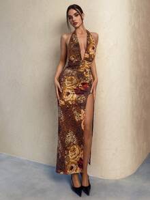 SHEIN Glamour 豹纹印花露背性感V领高开衩修身无袖不对称长裙，尽显优雅气质，适合舞会、锐舞派对、街头风、演唱会、夜店、约会、生日、秋冬等各种场合，是派对必备、情人节、新年、婚礼等场合的理想之选。 - 彩色 - 查看 5