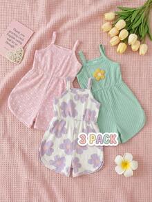 SHEIN Playful Pals 3件組女嬰夏季可愛扶桑花碎花肩帶連身褲，圓領休閒熱帶風百搭款 - 彩色 - 查看 3