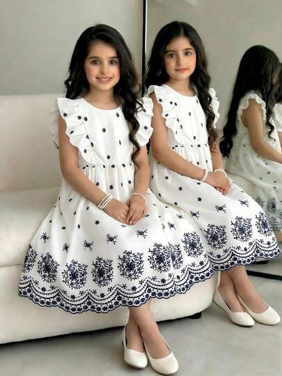 SHEIN Vestido holgado sin mangas de cuello redondo con bordado de cerezas vintage para niñas, dulce y sencillo, adecuado para uso formal de niñas jóvenes