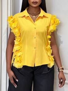 Xyvia Camisa elegante y casual de mujer con ribete floral, cintura anudada, romántica para salidas de verano, citas, Año Nuevo, San Valentín, Pascua, Día de la Madre, festivales de música, bodas de Oriente Medio, ir al trabajo, vacaciones, sexy, amarillo jengibre - amarillo ganso - Ver 4