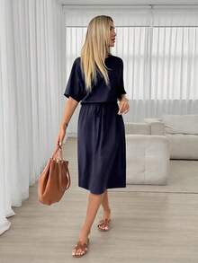 Easowa Women Cotton Midi Dresses Vacation Outfits Women,Casual Clothes Dark Blue Dress Drawstring Waist Women's Short Sleeve Navy - Navy Blue - View 5