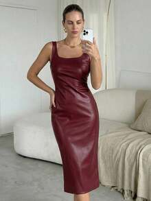 Lavishia 方领褶裥吊带PU连衣裙，新年连衣裙 - 酒紅色 - 查看 9