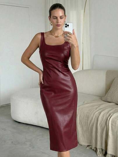 Lavishia 方领褶裥吊带PU连衣裙，新年连衣裙