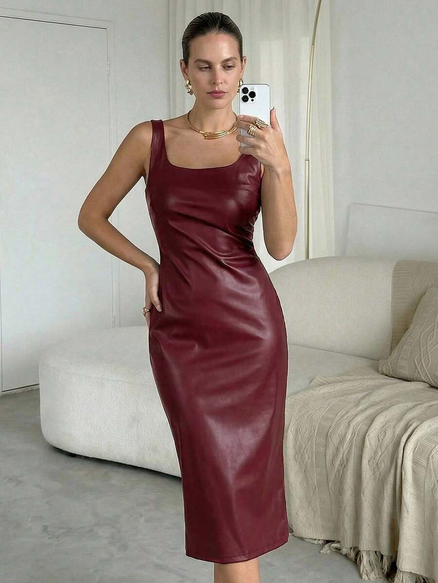 Lavishia 方领褶裥吊带PU连衣裙，新年连衣裙 - 酒紅色 - 查看 1