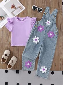 Elladie kids 新款4-7岁女童春夏圆领短袖T恤和牛仔背带裤套装，刺绣贴片设计，适合休闲、度假、上学、户外活动 - 彩色 - 查看 8