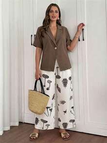 EMERY ROSE Setelan Blazer Lengan Pendek Ukuran Besar & Celana Panjang Longgar, Setelan Pakaian Liburan Wanita Motif Kucing, Setelan Celana Musim Panas Linen, Cokelat Tua, Kasual Elegan - Khaki - View 4
