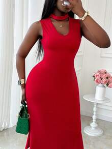 Xyvia 女士红色纯色高领镂空V领无袖修身鱼尾连衣裙，优雅性感，适合生日、约会、派对、情人节、劳动节、复活节、正式场合、婚礼、花园写真、街头风等各种场合，春夏新款时尚必备单品。 - 紅色 - 查看 5