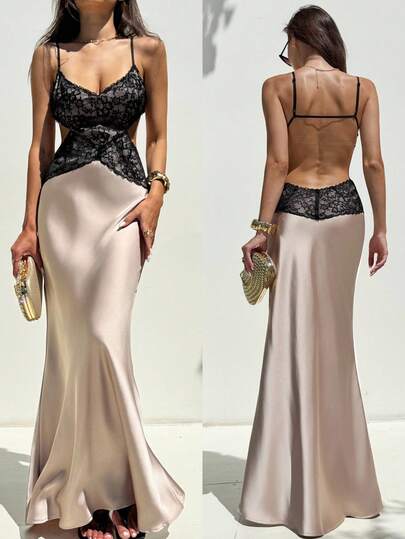 Aloruh Women's Contrast Lace Backless Fishtail Hem Dress Summer Summer Outfits Summer Clothes Beach Outfits For Woman  Beach Vacation Vacation Outfits Woman Boho Tropical Vacation Woman Clothe Wedding Guest Dress Women Bridal Shower Dress White  Elegant Modest Wedding Anniversary Bridesmaid Party Date Sexy Fairycore Graduation Dresses For Women Birthday Dresses For Women