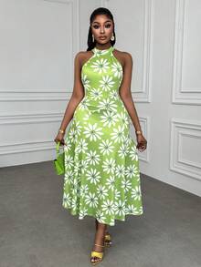 Xyvia 女士绿色印花无袖高领收腰修身A字连衣裙，优雅设计，适合情人节、复活节、劳动节、生日、约会、派对、正式场合、教师装、旅行、春夏穿着。 - 綠色 - 查看 6
