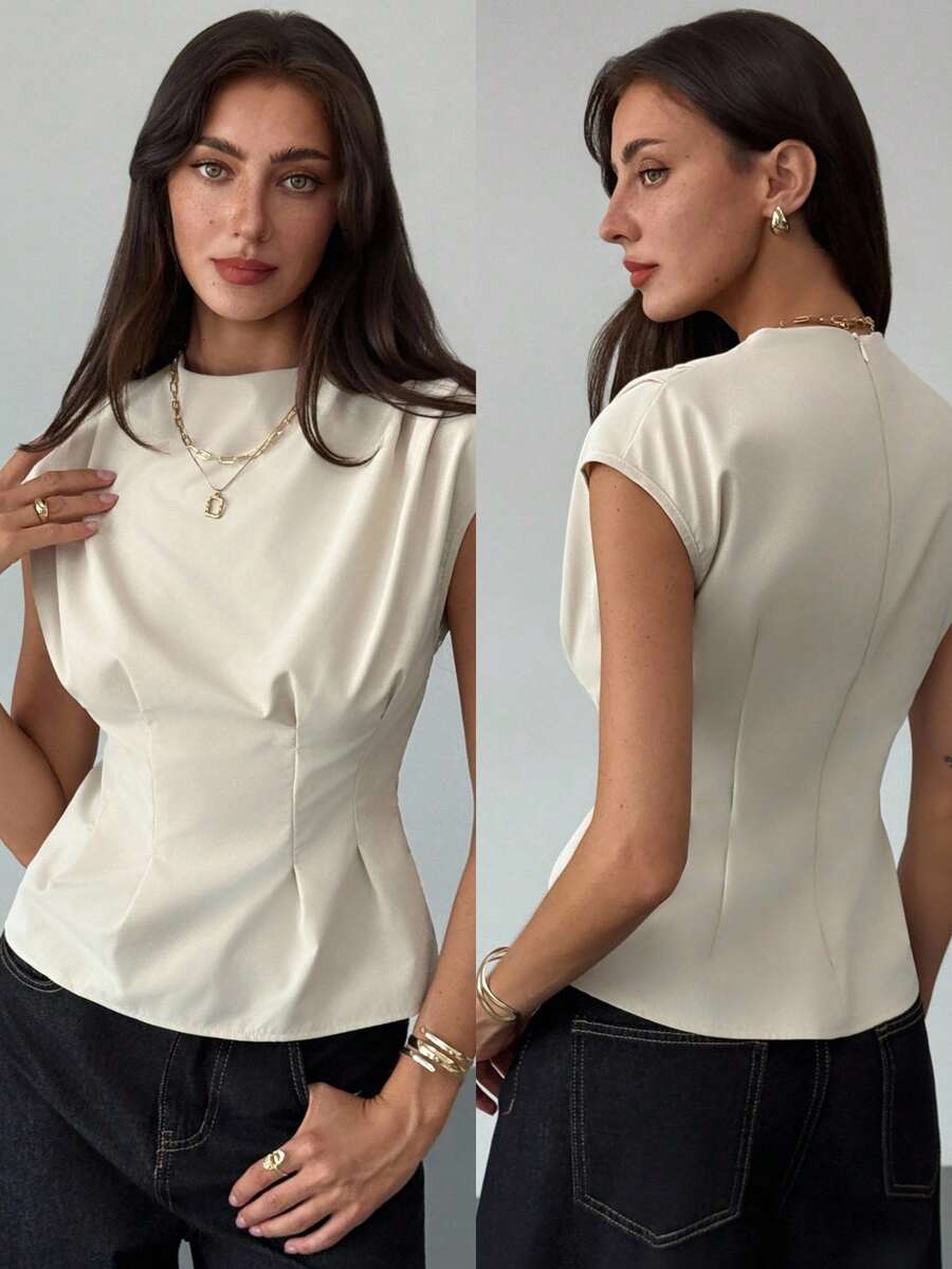 Aloruh 女士纯色圆领短袖褶裥腰身时尚衬衫，适合秋季穿着，也适合所有女性，秋季女装，秋季女装，教师款，商务休闲女装，商务休闲女装，商务休闲女装，教师衬衫，简约优雅修身杏色衬衫，适合办公室通勤，优雅女式衬衫，时尚女式衬衫