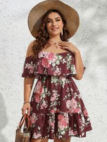 SHEIN VCAY Đầm dự tiệc/hẹn hò thời trang trễ vai xếp nếp in hoa dành cho nữ cỡ lớn - Màu Đỏ Sâu - Xem 3