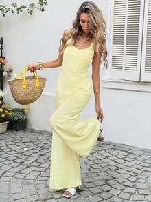 SHEIN LUNE 女士休闲纹理连体裤，适合夏季度假、通勤和日常穿着，无袖宽松款 - 淡黃色 - 查看 7