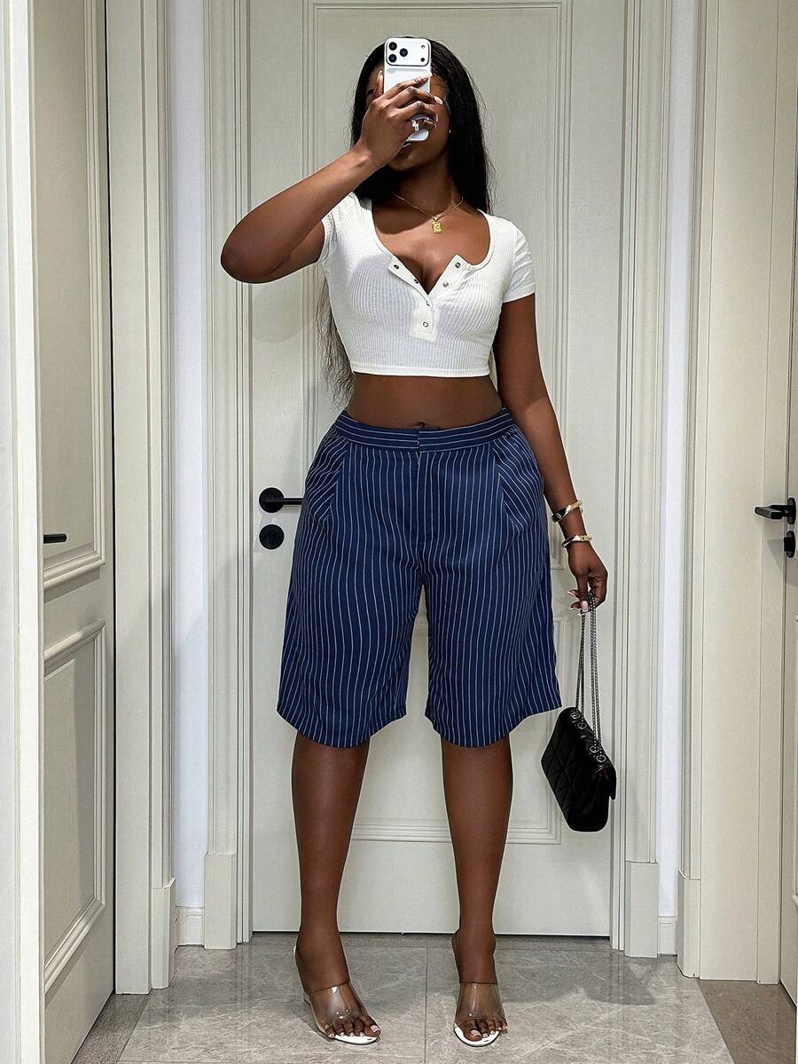 Xyvia 女士春夏新款休闲通勤裤，复古街头风，百搭百搭高品质条纹面料设计，藏蓝色阔腿中长裤 - 藏蓝色 - 查看 1