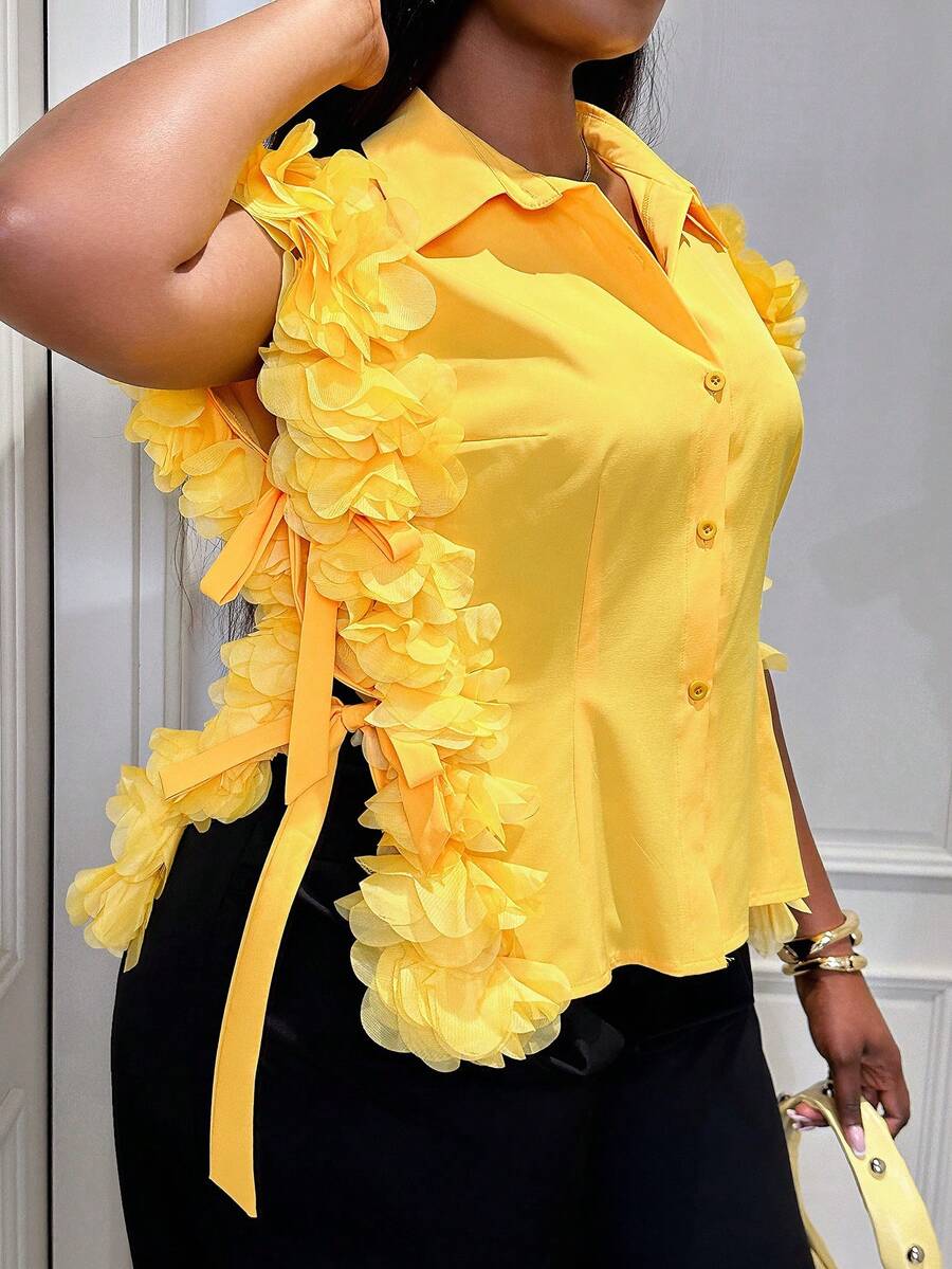 Xyvia Camisa elegante y casual de mujer con ribete floral, cintura anudada, romántica para salidas de verano, citas, Año Nuevo, San Valentín, Pascua, Día de la Madre, festivales de música, bodas de Oriente Medio, ir al trabajo, vacaciones, sexy, amarillo jengibre - amarillo ganso - Ver 1