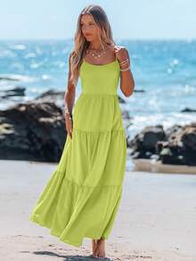 Sylviya 休闲长吊带蝴蝶结连衣裙，春夏款 - 綠色 - 查看 4
