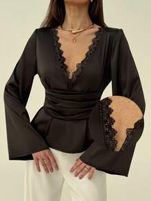 Aloruh 女士优雅纯色褶裥腰长袖衬衫，秋季优雅时尚 - 黑色 - 查看 9