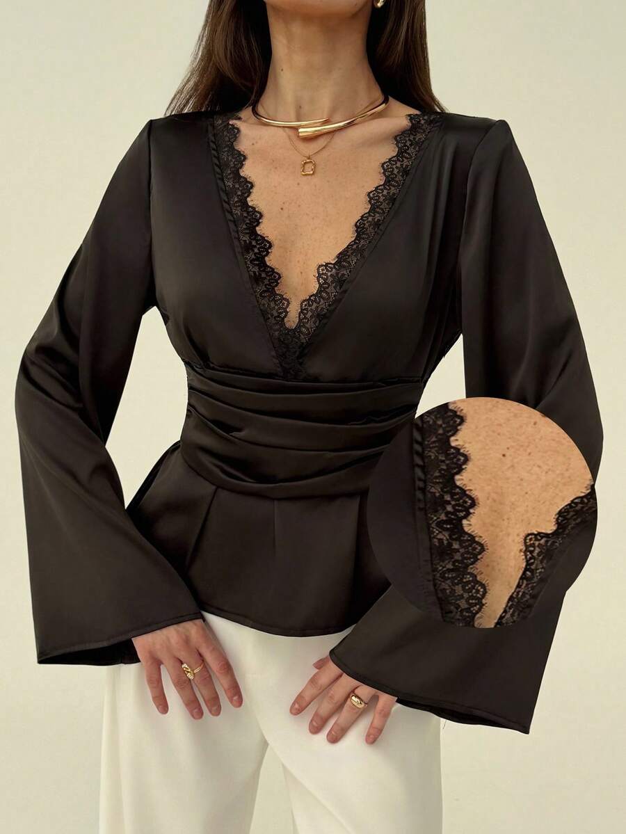 Aloruh 女士优雅纯色褶裥腰长袖衬衫，秋季优雅时尚