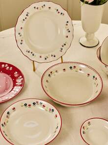 Cirelle Vajilla de cerámica esmaltada de alta temperatura con platos con diseño floral de SOLECASA, fácil de limpiar, apta para microondas y lavavajillas - Rojo y blanco - Ver 2