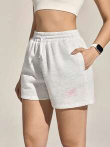 Exploreva Exploreva Damen Shorts mit Buchstaben-Muster, Kordelzug Taille, Outdoor Shorts zum Joggen für Damen, Damen Sweat Shorts - Grau - Übersicht 4