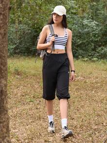 SHEIN In My Nature Women's Elastic Waist Drawstring Outdoor Running Capri Pants - Black - View 3