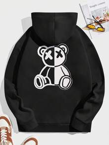 NORVETH Men's Casual Bear Print Hoodie Sweatshirt - Black - View 4