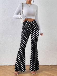 Chiquease 女士休閒波點印花V腰喇叭褲 - 黑與白 - 查看 4