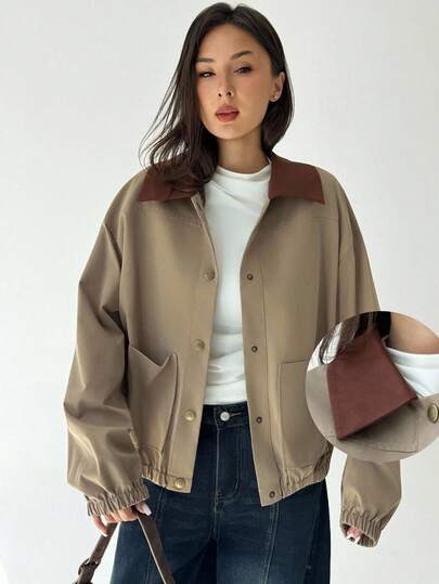 Aloruh 女士撞色翻领落肩长袖单排扣休闲常规夹克秋季女士冬季女士休闲拼色领夹克，春秋季，毕业典礼，返校秋季女士秋季所有女士秋季女士秋季秋季女士秋季女士秋季冬季女士冬季女士冬季夹克女士返校节学校女士夹克时尚秋季