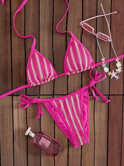 Swim Mod Conjunto de biquíni retrô 2026, duas peças, tecido de malha vazada moderno e sexy com detalhes contrastantes, calcinha triangular de cintura baixa com amarração lateral, design sem costas, ideal para praia, viagens e primavera/verão.