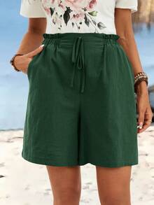 Sylviya 休闲纯色棉麻短裤 - 墨綠色 - 查看 5