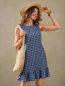 Wildy Đầm ngắn kẻ caro xanh lá cây lãng mạn kiểu miền Tây nước Mỹ mùa hè mới, viền bèo nhún, thích hợp cho kỳ nghỉ. - Xanh và trắng - Xem 2