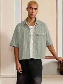 SWAVVY 男士休闲条纹印花宽松短袖衬衫，适合春夏季穿着 - 綠色 - 查看 5