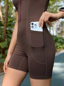 SHEIN In My Nature Women's Solid Color Short Sleeve Fitted Outdoor Jumpsuit Compression Jumpsuit Women Brown Body Suit Brown Workout Romper - Brown - View 3