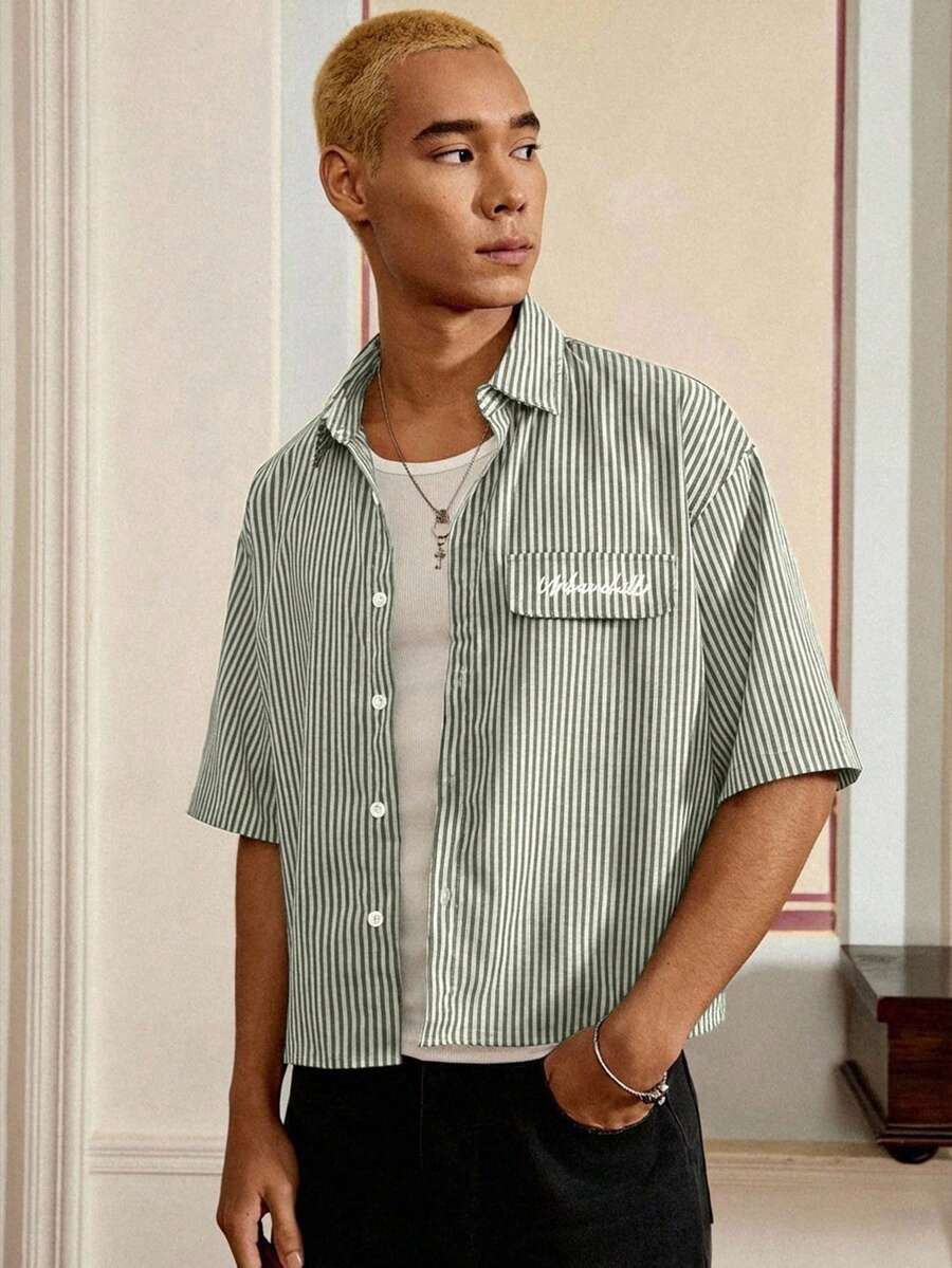 SWAVVY 男士休闲条纹印花宽松短袖衬衫，适合春夏季穿着 - 綠色 - 查看 1