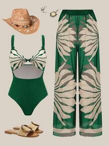 Swim Oasis Bộ đồ bơi liền thân khoét rỗng họa tiết cây nhiệt đới dành cho nữ, kèm áo khoác ngoài và quần, thích hợp cho kỳ nghỉ. - màu xanh lá - Xem 2
