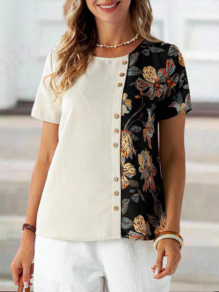 EMERY ROSE Áo sơ mi nữ mùa hè phối màu, họa tiết hoa, kiểu patchwork, tay ngắn, áo kiểu nữ thường ngày, áo nữ tay ngắn, áo nữ mùa hè thường ngày, áo nữ mùa hè thường ngày. - màu đen - Xem 5