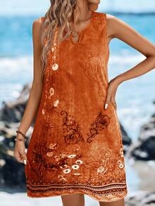 圆领金属环装饰A字无袖连衣裙，印花休闲度假优雅街头风迷你连衣裙，女士 - 橘色 - 查看 5