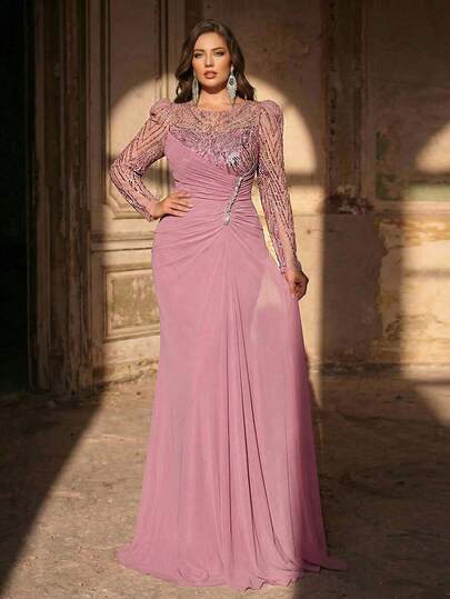 Aureia Plus Size Elegant Romantic Dark Pink Round Neck Sheer Long Sleeve Luxury Sequin Patchwork Elastic Mesh Ruched Waist Dress, Suitable For Influencer Wedding, Party, Celebration, Brown Evening Gown (Heavily Embellished Design) Long Sleeve Formal Dress Mother Of The Bridal Dress Evening Gala Dress Elegant Mother Of Groom Dress