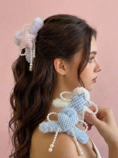 Joivida 可爱星星发爪夹，萌萌卡通海星和甜心发夹，流行卡哇伊风女士发饰，长发粗发夹，时尚珍珠串珠发夹，春日粉彩和Y2K风发爪夹，简约美学和波西米亚风发夹