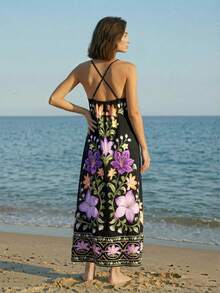 CAJUNI Vestido halter sexy con cuello en V profundo, cintura con lazo y estampado floral, para vacaciones - Multicolor - Ver 2