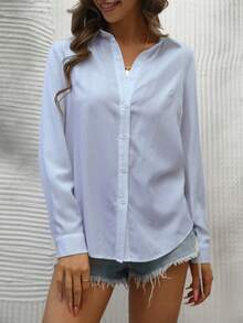 SHEIN LUNE Camisa de manga larga de unicolor con apertura frontal brillante y versátil, temporada de vuelta a la escuela - Azul - Ver 4