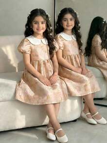 SHEIN 女童碎花束腰泡泡袖连衣裙，优雅派对礼服，泡泡袖设计，适合所有季节 - 粉色 - 查看 3