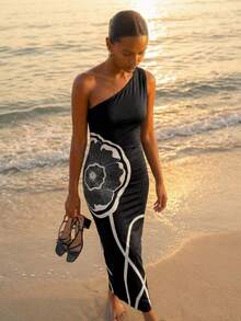 CAJUNI Vestido casual de fiesta con estampado floral y drapeado para mujer - Negro - Ver 1