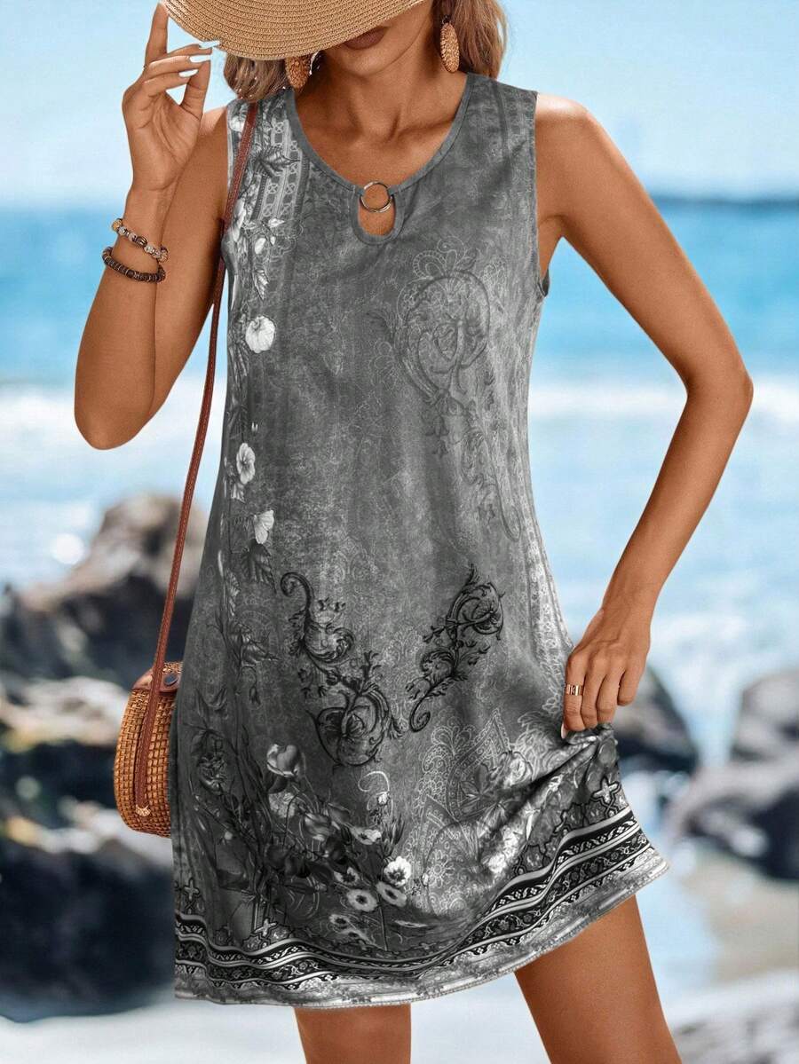 Sylviya Đầm chữ A không tay cổ tròn đính vòng kim loại, họa tiết hoa, kiểu dáng thường ngày, thanh lịch, thích hợp cho kỳ nghỉ, đường phố, váy ngắn cho nữ, đầm đi nghỉ mát, đầm thường ngày, đầm dự tiệc, đầm hè, đầm mùa hè thường ngày. - Xám - Xem 1