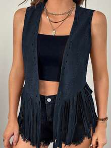 SHEIN VCAY Chaleco/chaqueta de mujer talla grande con estilo boho y western, de unicolor, con parches y flecos en el bajo, de apertura frontal, para usar en verano y otoño/invierno - Azul Marino - Ver 3