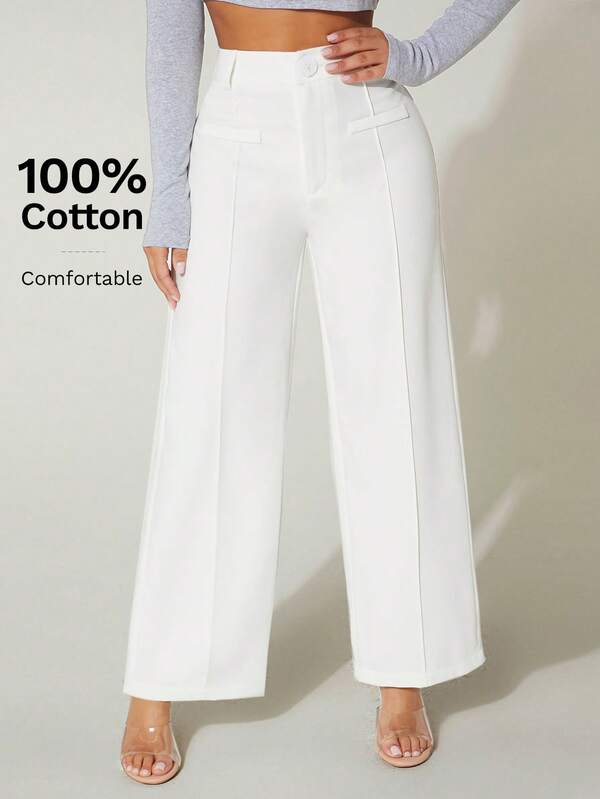 SHEIN PETITE High Waist Wide Leg Summer Dress Pants 100% Cotton White Pants For Women Cotton Pants 100 Cotton Women Clothing White Pant White Flare Pants