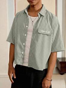 SWAVVY 男士休闲条纹印花宽松短袖衬衫，适合春夏季穿着 - 綠色 - 查看 6