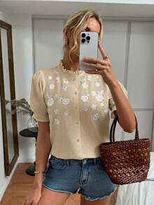 Easowa 女士休闲刺绣纯棉白衬衫，适合度假穿着 - 卡其色 - 查看 8