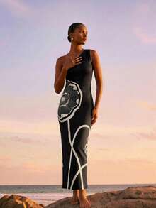 CAJUNI Vestido casual de fiesta con estampado floral y drapeado para mujer - Negro - Ver 4